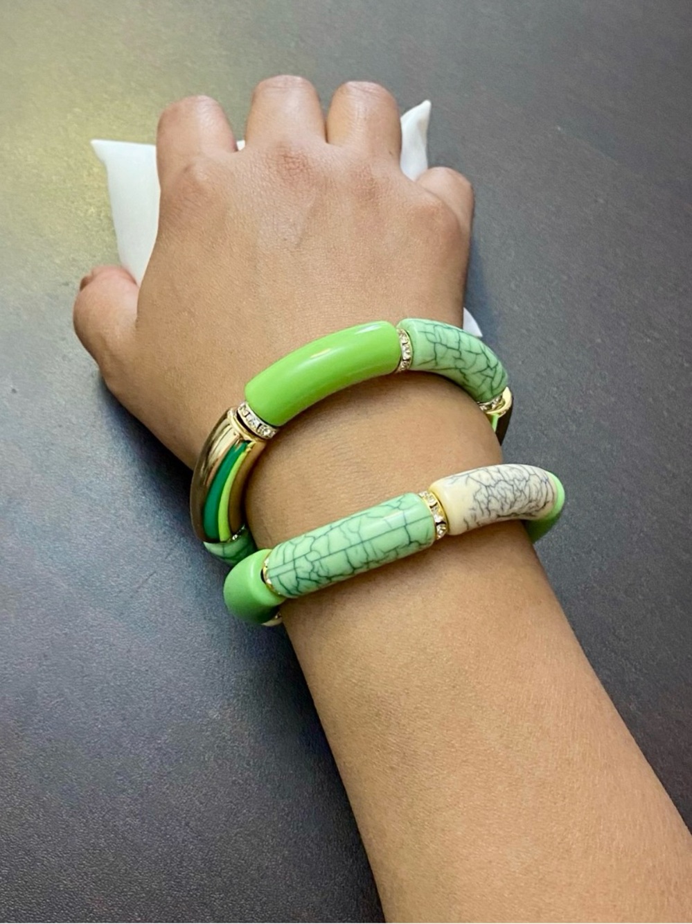 Green Enamel & Gold Accent Stretch Bracelet set